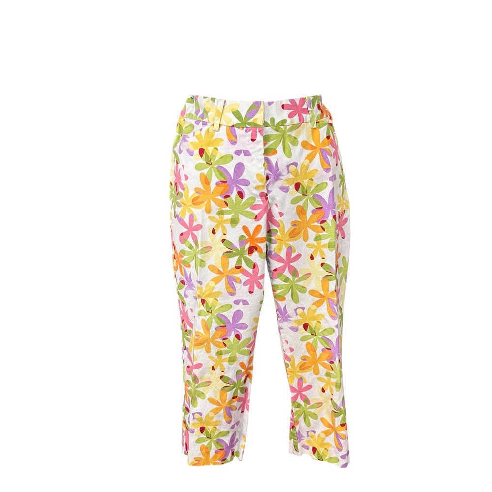 Vintage Talbots Petites Flower Pants Womens 4 White Multi Color Stretch Capris
